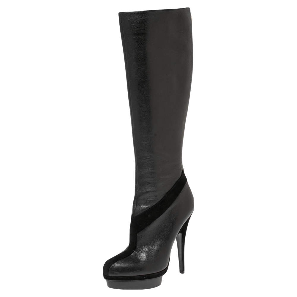 Yves Saint Laurent Black Suede Leather Platform Knee-High Tribute Boots Size 39